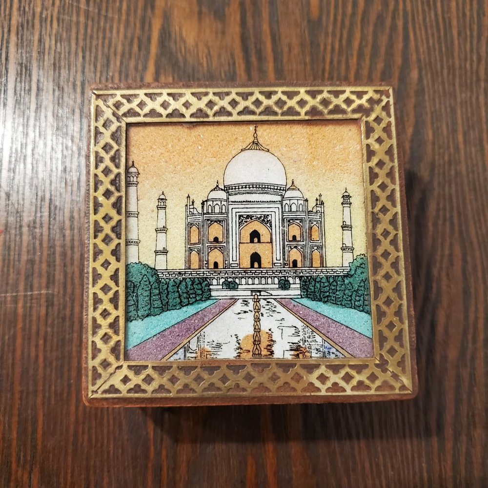 Taj Majal Wood Trinket Box Souvenir Sand Colored Sand Glass Inlaid Metal